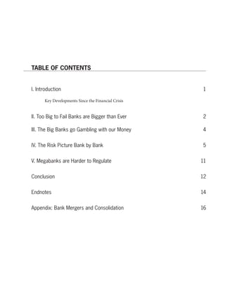 TABLE OF CONTENTS


I. Introduction                                     1

      Key Developments Since the Financial Crisis


II. Too Big to Fail Banks are Bigger than Ever      2

III. The Big Banks go Gambling with our Money       4


IV. The Risk Picture Bank by Bank                   5


V. Megabanks are Harder to Regulate                 11


Conclusion                                          12


Endnotes                                            14


Appendix: Bank Mergers and Consolidation            16
 