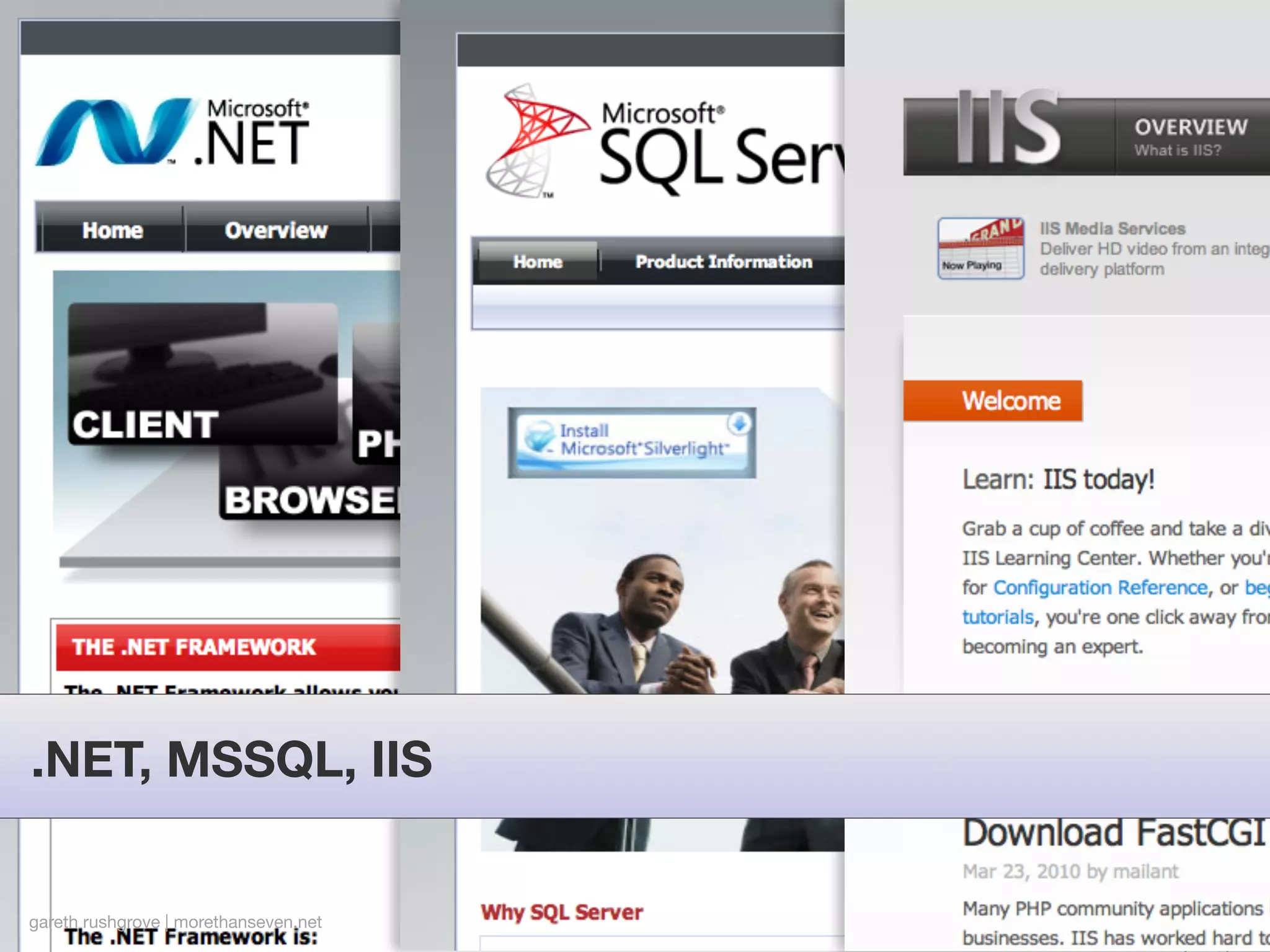 .NET, MSSQL, IIS


gareth rushgrove | morethanseven.net
 