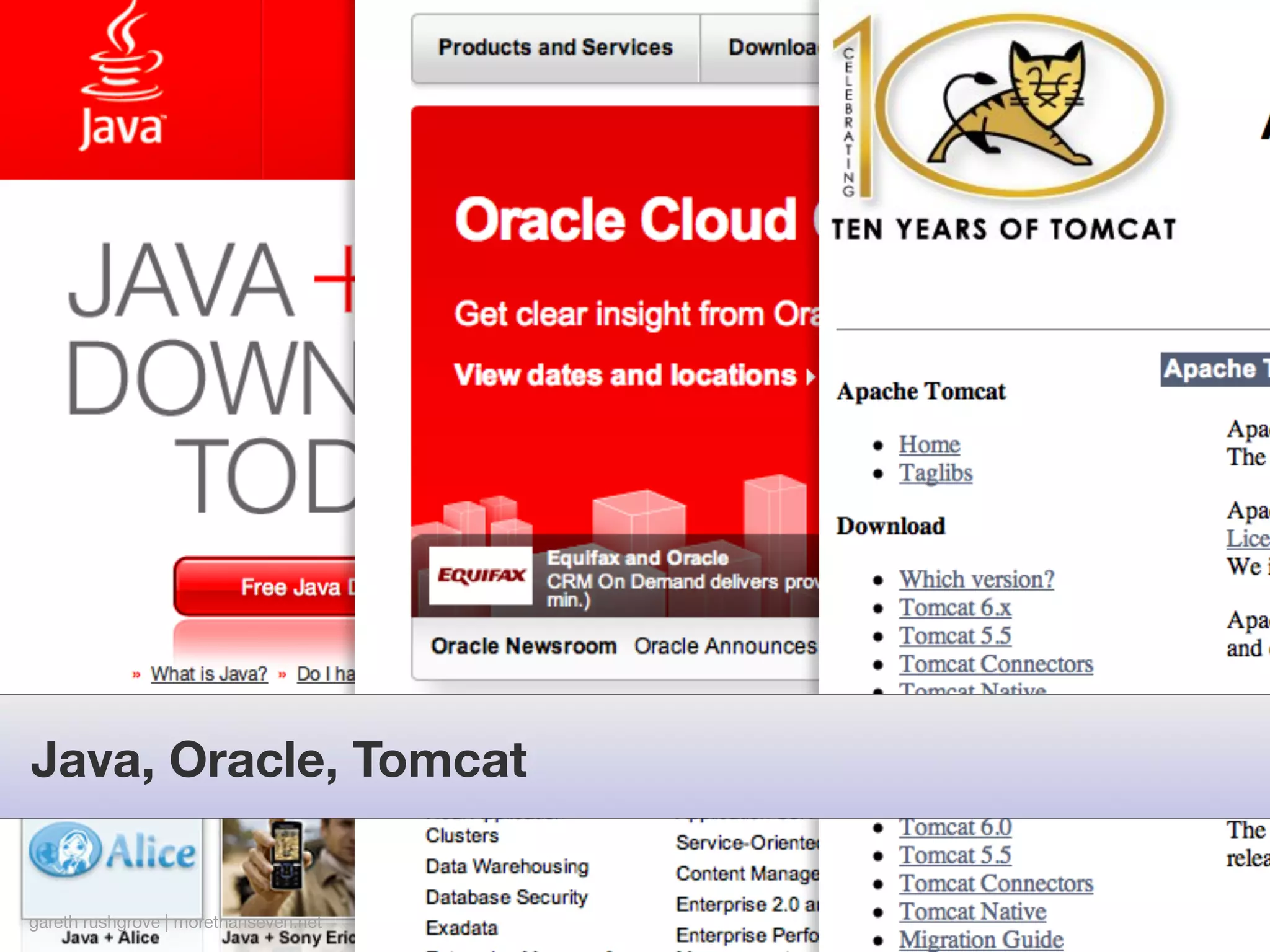 Java, Oracle, Tomcat


gareth rushgrove | morethanseven.net
 
