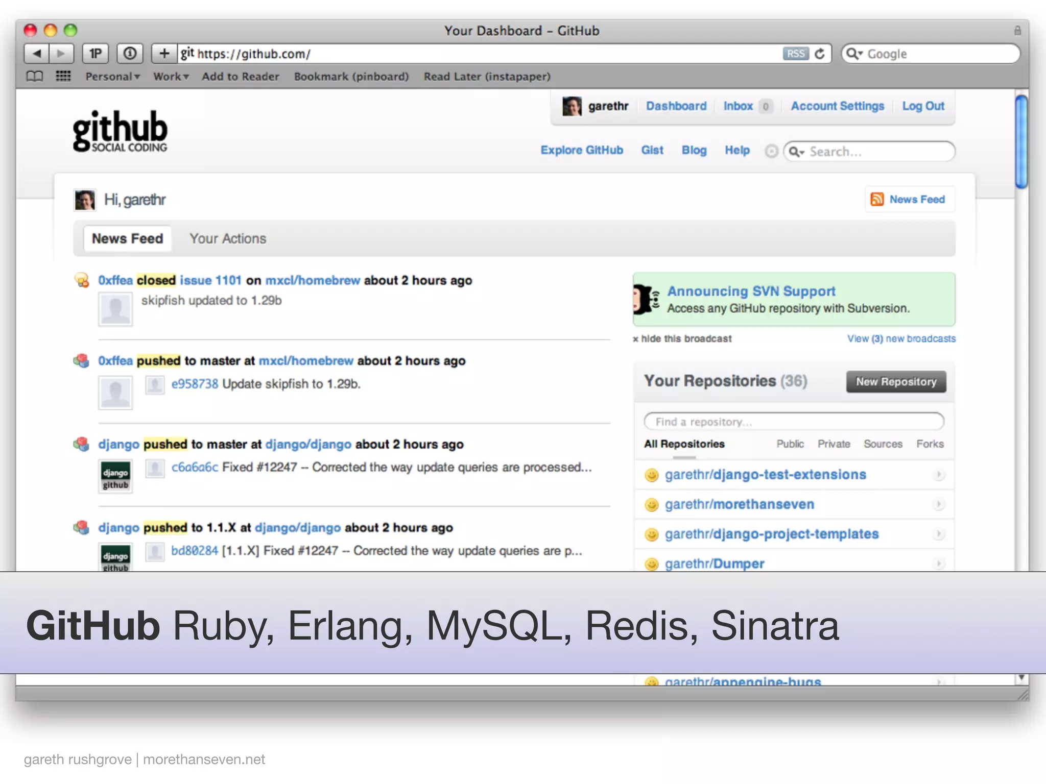 GitHub Ruby, Erlang, MySQL, Redis, Sinatra


gareth rushgrove | morethanseven.net
 