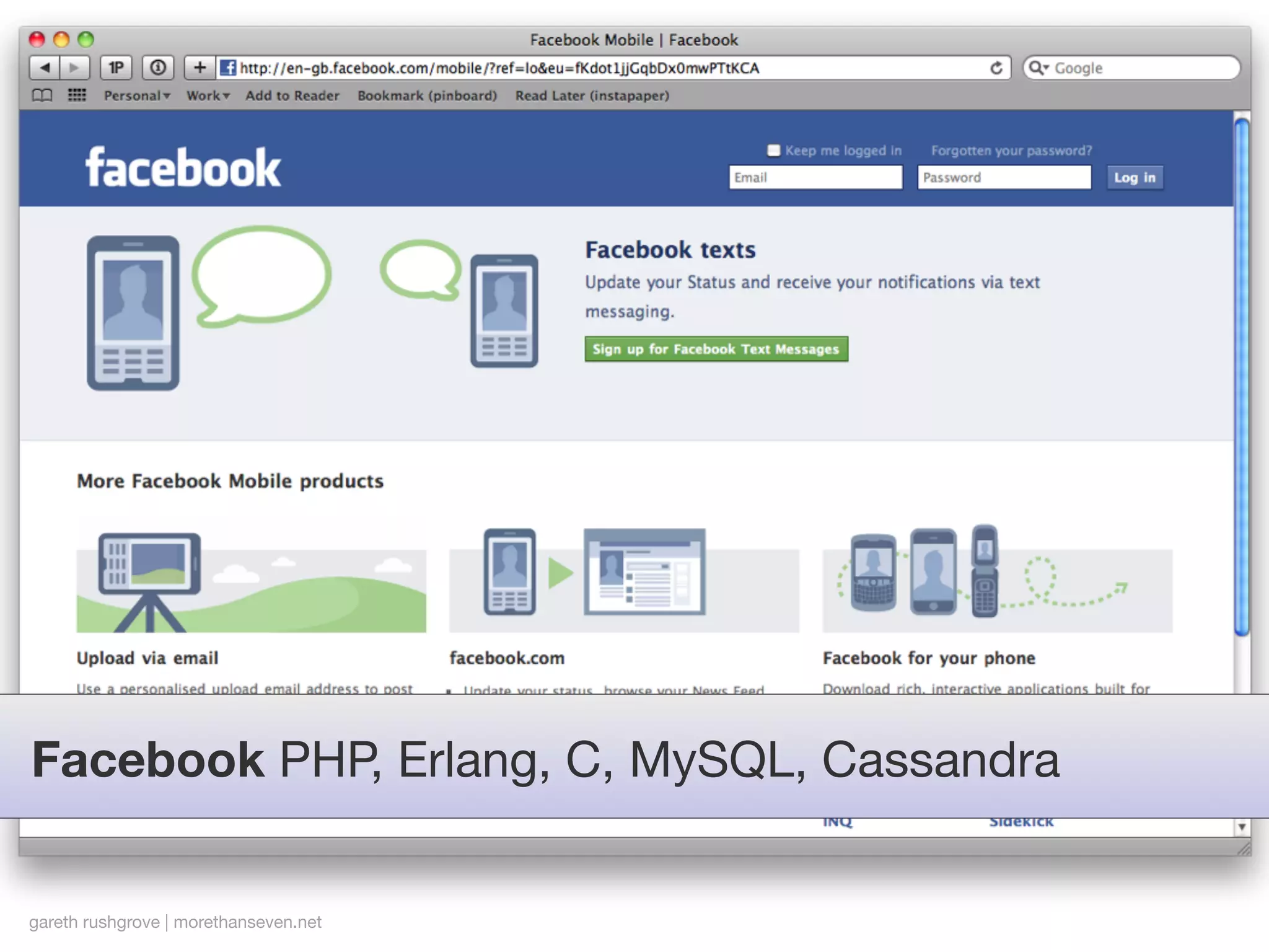 Facebook PHP, Erlang, C, MySQL, Cassandra


gareth rushgrove | morethanseven.net
 