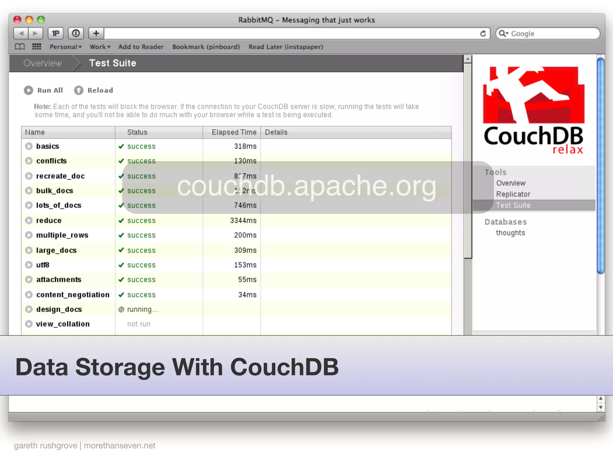 couchdb.apache.org




Data Storage With CouchDB


gareth rushgrove | morethanseven.net
 