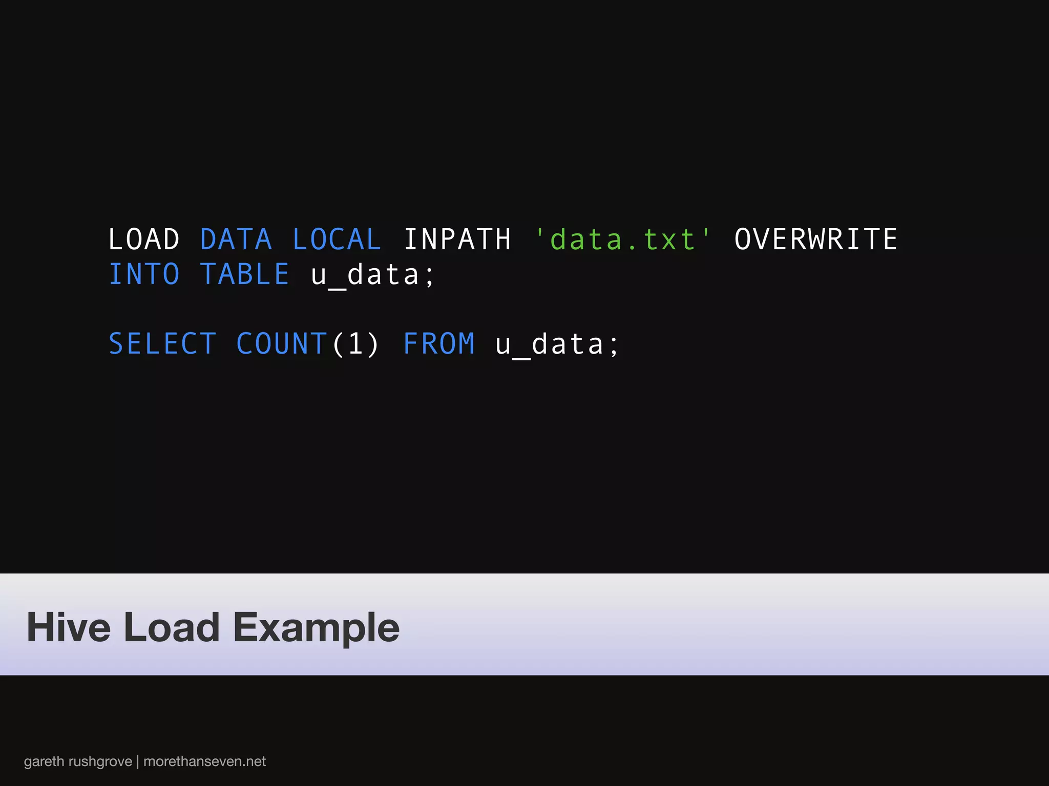 LOAD DATA LOCAL INPATH 'data.txt' OVERWRITE
            INTO TABLE u_data;

            SELECT COUNT(1) FROM u_data;




Hive Load DSL Example
Cucumber Example


gareth rushgrove | morethanseven.net
 