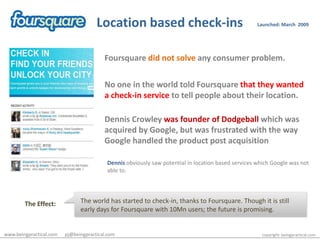 Location based check-ins<br />Launched: March  2009<br />Foursquare did not solveany consumer problem.<br />No one in the ...