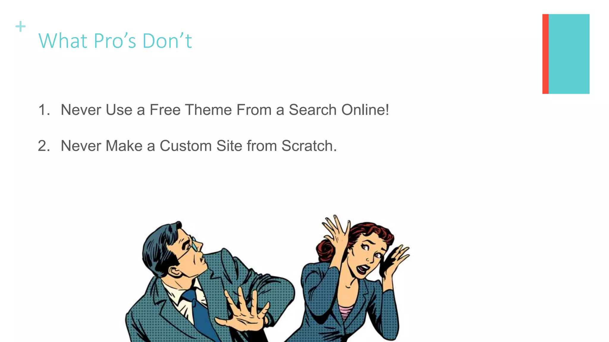 +
What Pro’s Don’t
1. Never Use a Free Theme From a Search Online!
2. Never Make a Custom Site from Scratch.
 