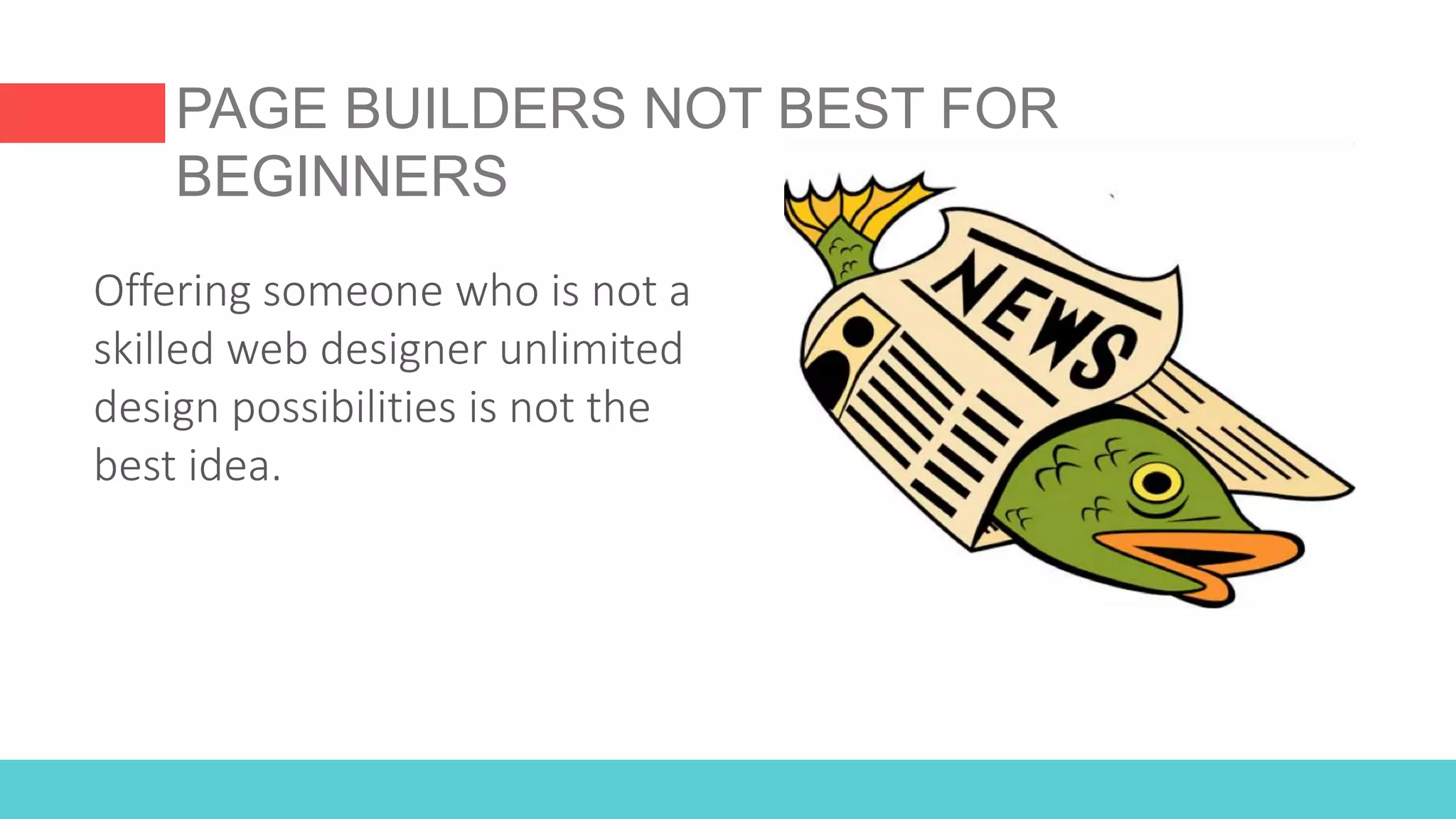 PAGE BUILDERS NOT BEST FOR
BEGINNERS
Offering someone who is not a
skilled web designer unlimited
design possibilities is not the
best idea.
 