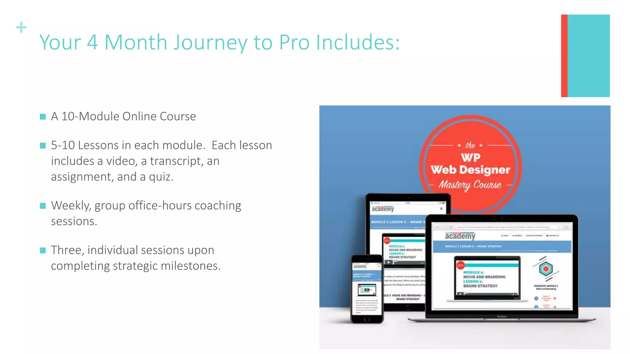 +
Your 4 Month Journey to Pro Includes:
 A 10-Module Online Course
 5-10 Lessons in each module. Each lesson
includes a video, a transcript, an
assignment, and a quiz.
 Weekly, group office-hours coaching
sessions.
 Three, individual sessions upon
completing strategic milestones.
 