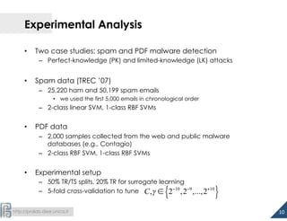  
http://pralab.diee.unica.it
Experimental Analysis
•  Two case studies: spam and PDF malware detection
–  Perfect-knowledge (PK) and limited-knowledge (LK) attacks
•  Spam data (TREC ’07)
–  25,220 ham and 50,199 spam emails
•  we used the first 5,000 emails in chronological order
–  2-class linear SVM, 1-class RBF SVMs
•  PDF data
–  2,000 samples collected from the web and public malware
databases (e.g., Contagio)
–  2-class RBF SVM, 1-class RBF SVMs
•  Experimental setup
–  50% TR/TS splits, 20% TR for surrogate learning
–  5-fold cross-validation to tune
10	
  
C,γ ∈ 2−10
,2−9
,...,2+10
{ }
 