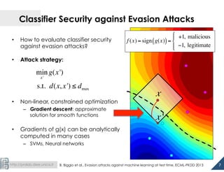  
http://pralab.diee.unica.it
Classifier Security against Evasion Attacks
7	
  
•  How to evaluate classifier security
against evasion attacks?
•  Attack strategy:
•  Non-linear, constrained optimization
–  Gradient descent: approximate
solution for smooth functions
•  Gradients of g(x) can be analytically
computed in many cases
–  SVMs, Neural networks
−2−1.5−1−0.500.51
x
f (x) = sign g(x)( )=
+1, malicious
−1, legitimate
"
#
$
%$
min
x'
g(x')
s.t. d(x, x') ≤ dmax
x '
B. Biggio et al., Evasion attacks against machine learning at test time, ECML-PKDD 2013
 