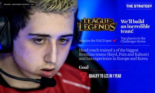 Acquire the NACS spot
Topplayerstothe
ChallengerSeries
Headcoachtrained3ofthe biggest
Brazilianteams(Keyd,PainandKabum)
andhasexperienceinEuropeandKorea
THE STRATEGY
We’llbuild
anincredible
team!
BIGGODS | INVESTMENT PROSPECT | 2017
Goal
QUALIFYTOLCSIN1YEAR
 