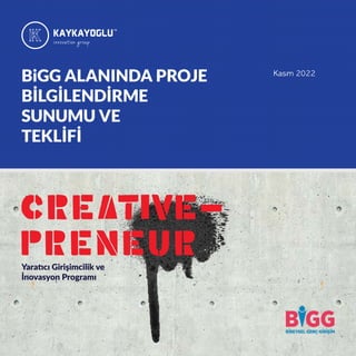 Yaratıcı Girişimcilik ve
İnovasyon Programı
BiGG ALANINDA PROJE
BİLGİLENDİRME
SUNUMU VE
TEKLİFİ
Kasım 2022
 