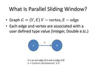 What Is Parallel Sliding Window?
• Graph 𝐺 = 𝑉, 𝐸 𝑉 − vertex, 𝐸 − edge
• Each edge and vertex are associated with a
user defined type value (Integer, Double e.tc.)
A B
e
E is an out-edge of A and in-edge of B
e = 𝑠𝑜𝑢𝑟𝑐𝑒, 𝑑𝑒𝑠𝑡𝑖𝑛𝑎𝑡𝑖𝑜𝑛 ∈ 𝐸
 