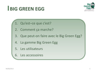 BIG GREEN EGG
1. Qu’est–ce que c’est?
2. Comment ça marche?
3. Que peut-on faire avec le Big Green Egg?
4. La gamme Big Green Egg
5. Les utilisateurs
6. Les accessoires
04/06/2013 2
 