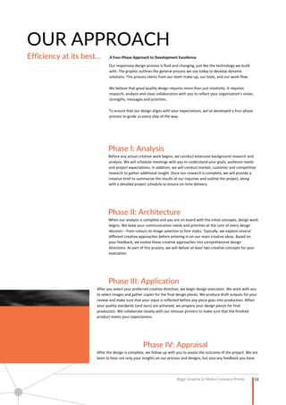 16
Biggz Graphix & Media Company Profile
OUR APPROACH
Efficiency at its best… A Four-Phase Approach to Development Excellence
Our responsive design process is fluid and changing, just like the technology we build
with. The graphic outlines the general process we use today to develop dynamic
solutions. This process stems from our team make-up, our tools, and our work-flow.
We believe that good quality design requires more than just creativity. It requires
research, analysis and close collaboration with you to reflect your organization’s vision,
strengths, messages and priorities.
To ensure that our design aligns with your expectations, we’ve developed a four-phase
process to guide us every step of the way.
Phase I: Analysis
Before any actual creative work begins, we conduct extensive background research and
analysis. We will schedule meetings with you to understand your goals, audience needs
and project expectations. In addition, we will conduct market, customer and competitive
research to gather additional insight. Once our research is complete, we will provide a
creative brief to summarize the results of our inquiries and outline the project, along
with a detailed project schedule to ensure on-time delivery.
Phase II: Architecture
When our analysis is complete and you are on board with the initial concepts, design work
begins. We keep your communication needs and priorities at the core of every design
decision – from colours to image selection to font styles. Typically, we explore several
different creative approaches before entering in on our main creative ideas. Based on
your feedback, we evolve these creative approaches into comprehensive design
directions. As part of this process, we will deliver at least two creative concepts for your
evaluation.
Phase III: Application
After you select your preferred creative direction, we begin design execution. We work with you
to select images and gather copies for the final design pieces. We produce draft outputs for your
review and make sure that your input is reflected before any piece goes into production. When
your quality standards (and ours) are achieved, we prepare your design pieces for final
production. We collaborate closely with our inhouse printers to make sure that the finished
product meets your expectations.
Phase IV: Appraisal
After the design is complete, we follow up with you to assess the outcome of the project. We are
keen to hear not only your insights on our process and designs, but also any feedback you have
 