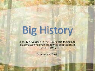 A study developed in the 1980’s that focuses on
history as a whole while showing adaptations in
human history
By Jessica K. Gavin
Big History
 