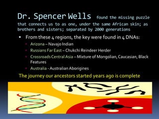 Dr.SpencerWellsfound the missing puzzle that connects us to as one, under the same African skin; as brothers and sisters; separated by 2000 generations From these 4 regions, the key were found in 4 DNAs:Arizona – Navajo IndianRussians Far East – Chukchi Reindeer HerderCrossroads Central Asia – Mixture of Mongolian, Caucasian, Black FeaturesAustralia - Australian AboriginesThe journey our ancestors started years ago is complete
