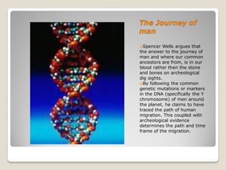 The Journey of
man

Spencer   Wells argues that
the answer to the journey of
man and where our common
ancestors are from, is in our
blood rather then the stone
and bones on archeological
dig sights.
By following the common
genetic mutations or markers
in the DNA (specifically the Y
chromosome) of men around
the planet, he claims to have
traced the path of human
migration. This coupled with
archeological evidence
determines the path and time
frame of the migration.
 