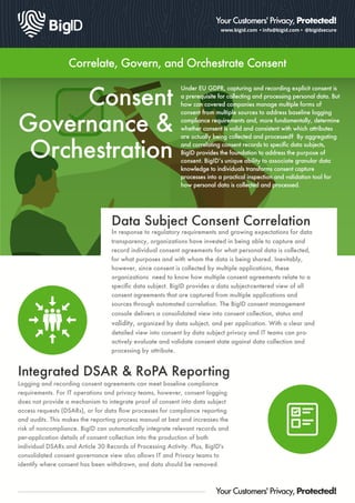 www.bigid.com • info@bigid.com • @bigidsecure
Your Customers' Privacy, Protected!
Under EU GDPR, capturing and recording explicit consent is
a prerequisite for collecting and processing personal data. But
how can covered companies manage multiple forms of
consent from multiple sources to address baseline logging
compliance requirements and, more fundamentally, determine
whether consent is valid and consistent with which attributes
are actually being collected and processed? By aggregating
and correlating consent records to speciﬁc data subjects,
BigID provides the foundation to address the purpose of
consent. BigIDʼs unique ability to associate granular data
knowledge to individuals transforms consent capture
processes into a practical inspection and validation tool for
how personal data is collected and processed.
Data Subject Consent Correlation
I
record individual consent agreements for what personal data is collected,
for what purposes and with whom the data is being shared. Inevitably,
however, since consent is collected by multiple applications, these
consent agreements that are captured from multiple applications and
sources through automated correlation. The BigID consent management
console delivers a consolidated view into consent collection, status and
validity,
detailed view into consent by data subject privacy and IT teams can pro-
actively evaluate and validate consent state against data collection and
processing by attribute.
Your Customers' Privacy, Protected!
Integrated DSAR & RoPA Reporting
Logging and recording consent agreements can meet baseline compliance
requirements. For IT operations and privacy teams, however, consent logging
does not provide a mechanism to integrate proof of consent into data subject
access requests (DSARs), or for data ﬂow processes for compliance reporting
and audits. This makes the reporting process manual at best and increases the
risk of noncompliance. BigID can automatically integrate relevant records and
per-application details of consent collection into the production of both
individual DSARs and Article 30 Records of Processing Activity. Plus, BigID's
consolidated consent governance view also allows IT and Privacy teams to
identify where consent has been withdrawn, and data should be removed.
Correlate, Govern, and Orchestrate Consent
Consent
Governance &
Orchestration
 