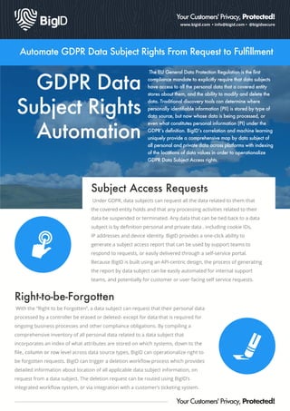 www.bigid.com • info@bigid.com • @bigidsecure
Your Customers' Privacy, Protected!
Automate GDPR Data Subject Rights From Request to Fulﬁllment
GDPR Data
Subject Rights
Automation
The EU General Data Protection Regulation is the ﬁrst
compliance mandate to explicitly require that data subjects
have access to all the personal data that a covered entity
stores about them, and the ability to modify and delete the
data. Traditional discovery tools can determine where
personally identifiable information (PII) is stored by type of
data source, but now whose data is being processed, or
even what constitutes personal information (PI) under the
GDPR’s deﬁnition. BigID’s correlation and machine learning
uniquely provide a comprehensive map by data subject of
all personal and private data across platforms with indexing
of the locations of data values in order to operationalize
GDPR Data Subject Access rights.
Subject Access Requests
Under GDPR, data subjects can request all the data related to them that
the covered entity holds and that any processing activities related to their
data be suspended or terminated. Any data that can be tied back to a data
subject is by deﬁnition personal and private data , including cookie IDs,
IP addresses and device identity. BigID provides a one-click ability to
generate a subject access report that can be used by support teams to
respond to requests, or easily delivered through a self-service portal.
Because BigID is built using an API-centric design, the process of generating
the report by data subject can be easily automated for internal support
teams, and potentially for customer or user-facing self service requests.
Your Customers' Privacy, Protected!
Right-to-be-Forgotten
With the “Right to be Forgotten”, a data subject can request that their personal data
processed by a controller be erased or deleted- except for data that is required for
ongoing business processes and other compliance obligations. By compiling a
comprehensive inventory of all personal data related to a data subject that
incorporates an index of what attributes are stored on which systems, down to the
file, column or row level across data source types, BigID can operationalize right to
be forgotten requests. BigID can trigger a deletion workﬂow process which provides
detailed information about location of all applicable data subject information, on
request from a data subject. The deletion request can be routed using BigID’s
integrated workﬂow system, or via integration with a customer’s ticketing system.
 