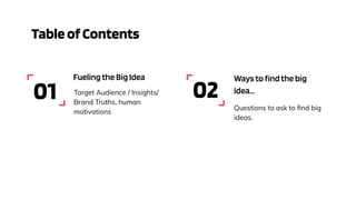 01 02
TableofContents
Fuelingthe Big Idea Waysto findthe big
idea...Target Audience / Insights/
Brand Truths, human
motivations
Questions to ask to ﬁnd big
ideas.
 