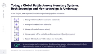 BIGIDEAS2020
76
Source: Mahmudov, Murad. Assurance Theory of Money - TFTC, 26 June 2018, https://arkinv.st/2FsGwz9.
Today, a Global Battle Among Monetary Systems,
Both Sovereign and Non-sovereign, Is Underway
1. Money will be transferred and stored seamlessly.
2. Money will not be diluted arbitrarily.
3. Money will not be frozen or seized.
4. Money supply will be auditable, and transactions will not be censored.
5. Record of transactions will be secure and immutable.
In the long run, ARK expects that the winning monetary systems will ensure:
As open, neutral, and permissionless global monetary systems with no reliance on the State,
cryptocurrencies appear to be best equipped to win this battle.
 