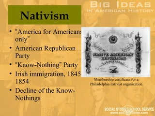 Nativism
• “America for Americans
  only”
• American Republican
  Party
• “Know-Nothing” Party
• Irish immigration, 1845–
                               Membership certificate for a
  1854                       Philadelphia nativist organization
• Decline of the Know-
  Nothings
 