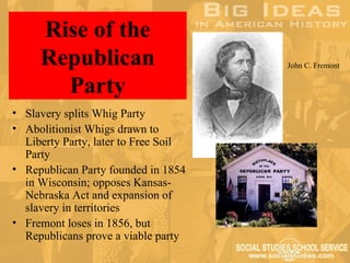 Rise of the
     Republican                       John C. Fremont


       Party
• Slavery splits Whig Party
• Abolitionist Whigs drawn to
  Liberty Party, later to Free Soil
  Party
• Republican Party founded in 1854
  in Wisconsin; opposes Kansas-
  Nebraska Act and expansion of
  slavery in territories
• Fremont loses in 1856, but
  Republicans prove a viable party
 