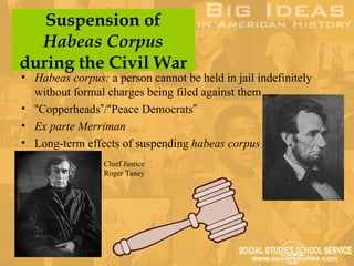 Suspension of
  Habeas Corpus
during the Civil War
• Habeas corpus: a person cannot be held in jail indefinitely
  without formal charges being filed against them
• “Copperheads”/“Peace Democrats”
• Ex parte Merriman
• Long-term effects of suspending habeas corpus
                 Chief Justice
                 Roger Taney
 
