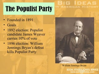 The Populist Party
• Founded in 1891
• Goals
• 1892 election: Populist
  candidate James Weaver
  carries 10% of vote
• 1896 election: William
  Jennings Bryan’s defeat
  kills Populist Party


                            William Jennings Bryan
 