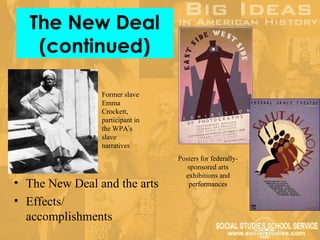The New Deal
   (continued)

                Former slave
                Emma
                Crockett,
                participant in
                the WPA’s
                slave
                narratives
                                 Posters for federally-
                                    sponsored arts
                                   exhibitions and
• The New Deal and the arts         performances

• Effects/
  accomplishments
 