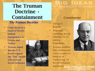 The Truman
        Doctrine •
       Containment                       Containment
     The Truman Doctrine   •   George F.
•   Came about as a            Kennan
    result of Soviet-      •   Proposed
    backed                     confining Soviet
    insurgencies in            influence to its
    Greece and                 current
    Turkey                     boundaries
•   Truman stated          •   Kennan asserted
    that the U.S.              that containment
    would support              would result in a
    any “free” people          breakup or
    who resisted               “mellowing” of
    Soviet influence           Soviet influence
                               and power
 