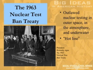 The 1963
                  • Outlawed
Nuclear Test        nuclear testing in
Ban Treaty          outer space, in
                    the atmosphere,
                    and underwater
                  • “Hot line”

               President
               Kennedy signs
               the 1963
               Nuclear Test
               Ban Treaty
 