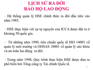 LỊCH SỬ RA ĐỜI
BẢO HỘ LAO ĐỘNG
15
 Hệ thống quản lý HSE chính thức ra đời đầu tiên vào
năm 1985.
HSE thực hiện với sự tự nguyên của ICCA được đặt ra ở
khoảng 50 quốc gia.
 Từ những năm 1990, tiêu chuẩn quốc tế ISO 14001 về
quản lý môi trường và OHSAS 18001 về quản lý sức khỏe
và an toàn lao động ra đời.
Trong năm 1998, Quy trình thực hiện HSE được đưa ra
phổ biến bởi Tổng công ty Tài chính Quốc tế.
 