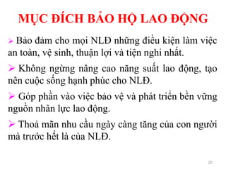 MỤC ĐÍCH BẢO HỘ LAO ĐỘNG
20
 Bảo đảm cho mọi NLĐ những điều kiện làm việc
an toàn, vệ sinh, thuận lợi và tiện nghi nhất.
 Không ngừng nâng cao năng suất lao động, tạo
nên cuộc sống hạnh phúc cho NLĐ.
 Góp phần vào việc bảo vệ và phát triển bền vững
nguồn nhân lực lao động.
 Thoả mãn nhu cầu ngày càng tăng của con người
mà trước hết là của NLĐ.
 