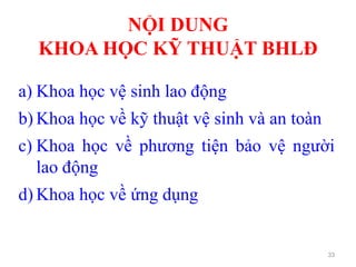 NỘI DUNG
KHOA HỌC KỸ THUẬT BHLĐ
33
a) Khoa học vệ sinh lao động
b) Khoa học về kỹ thuật vệ sinh và an toàn
c) Khoa học về phương tiện bảo vệ người
lao động
d) Khoa học về ứng dụng
 
