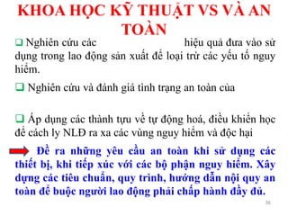KHOA HỌC KỸ THUẬT VS VÀ AN
TOÀN
36
 Nghiên cứu các thiết bị công nghệ hiệu quả đưa vào sử
dụng trong lao động sản xuất để loại trừ các yếu tố nguy
hiểm.
 Nghiên cứu và đánh giá tình trạng an toàn của các thiết
bị và quá trình sản xuất.
 Áp dụng các thành tựu về tự động hoá, điều khiển học
để cách ly NLĐ ra xa các vùng nguy hiểm và độc hại
Đề ra những yêu cầu an toàn khi sử dụng các
thiết bị, khi tiếp xúc với các bộ phận nguy hiểm. Xây
dựng các tiêu chuẩn, quy trình, hướng dẫn nội quy an
toàn để buộc người lao động phải chấp hành đầy đủ.
 