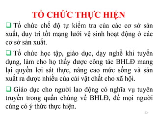 TỔ CHỨC THỰC HIỆN
53
 Tổ chức chế độ tự kiểm tra của các cơ sở sản
xuất, duy trì tốt mạng lưới vệ sinh hoạt động ở các
cơ sở sản xuất.
 Tổ chức học tập, giáo dục, dạy nghề khi tuyển
dụng, làm cho họ thấy được công tác BHLĐ mang
lại quyền lợi sát thực, nâng cao mức sống và sản
xuất ra được nhiều của cải vật chất cho xã hội.
 Giáo dục cho người lao động có nghĩa vụ tuyên
truyền trong quần chúng về BHLĐ, để mọi người
cùng có ý thức thực hiện.
 