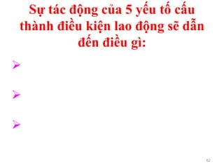 Sự tác động của 5 yếu tố cấu
thành điều kiện lao động sẽ dẫn
đến điều gì:
62
Tăng thêm tính nguy hiểm độc hại đối
với người lao động.
Phát sinh yếu tố nguy hiểm độc hại
mới (yếu tố nguy hại).
Làm cộng hưởng các yếu tố nguy
hiểm, độc hại.
 