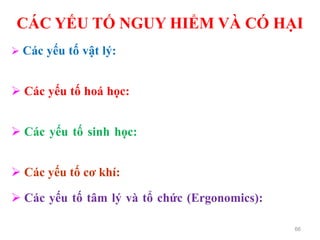 CÁC YẾU TỐ NGUY HIỂM VÀ CÓ HẠI
66
 Các yếu tố vật lý: nhiệt độ, độ ẩm, tiếng ồn, rung động,
các bức xạ có hại, bụi, …
 Các yếu tố hoá học: hóa chất độc, các loại hơi, khí, bụi
độc, các chất phóng xạ, …
 Các yếu tố sinh học: vi khuẩn, siêu vi khuẩn, ký sinh
trùng, côn trùng, rắn, …
 Các yếu tố cơ khí: máy móc, thiết bị.
 Các yếu tố tâm lý và tổ chức (Ergonomics): Các yếu
tố tâm lý không thuận lợi, bất lợi về tư thế lao động, không
gian chổ làm việc, nhà xưởng chật hẹp, mất vệ sinh, …
 