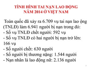 Toàn quốc đã xảy ra 6.709 vụ tai nạn lao ộng
(TNLĐ) làm 6.941 người bị nạn trong đó:
- Số vụ TNLĐ chết người: 592 vụ
- Số vụ TNLĐ có hai người bị nạn trở lên:
166 vụ
- Số người chết: 630 người
- Số người bị thương nặng: 1.544 người
- Nạn nhân là lao động nữ: 2.136 người
7
TÌNH HÌNH TAI NẠN LAO ĐỘNG
NĂM 2014 Ở VIỆT NAM
 