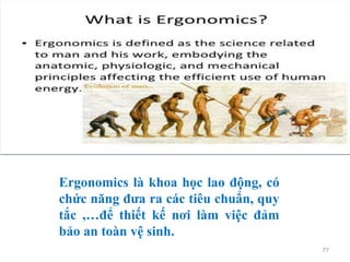 77
Ergonomics là khoa học lao động, có
chức năng đưa ra các tiêu chuẩn, quy
tắc ,…để thiết kế nơi làm việc đảm
bảo an toàn vệ sinh.
 