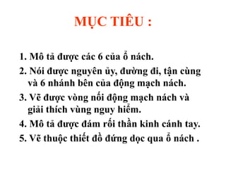 MỤC TIÊU :
1. Mô tả được các 6 của ổ nách.
2. Nói được nguyên ủy, đường đi, tận cùng
và 6 nhánh bên của động mạch nách.
3. Vẽ được vòng nối động mạch nách và
giải thích vùng nguy hiểm.
4. Mô tả được đám rối thần kinh cánh tay.
5. Vẽ thuộc thiết đồ đứng dọc qua ổ nách .
 