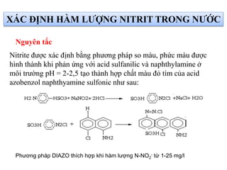 XÁC ĐỊNH HÀM LƯỢNG NITRIT TRONG NƯỚC
Nitrite được xác định bằng phương pháp so màu, phức màu được
hình thành khi phản ứng với acid sulfanilic và naphthylamine ở
môi trường pH = 2-2,5 tạo thành hợp chất màu đỏ tím của acid
azobenzol naphthyamine sulfonic như sau:
Nguyên tắc
Phương pháp DIAZO thích hợp khi hàm lượng N-NO2
- từ 1-25 mg/l
 