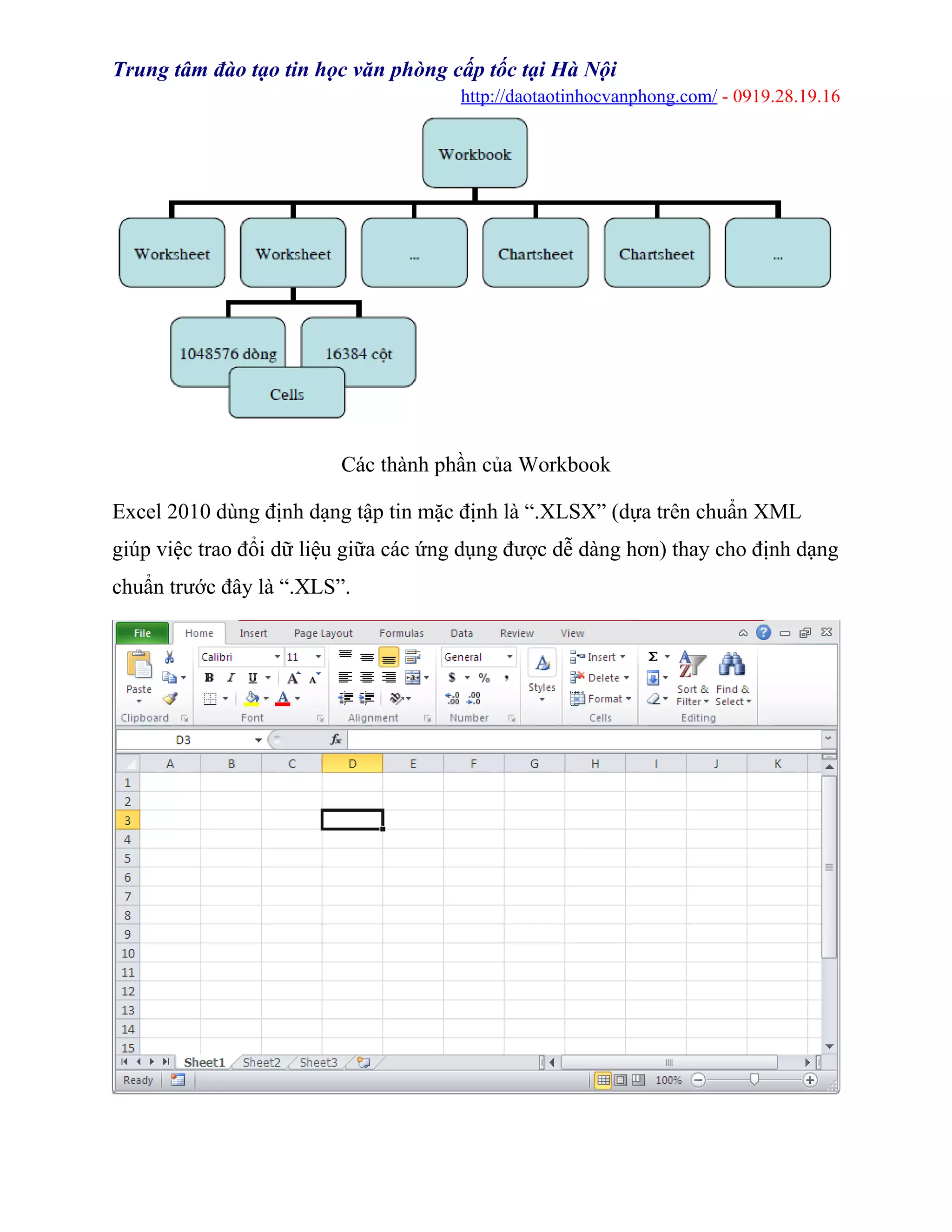 Trung tâm đào tạo tin học văn phòng cấp tốc tại Hà Nội
http://daotaotinhocvanphong.com/ - 0919.28.19.16
Các thành phần của Workbook
Excel 2010 dùng định dạng tập tin mặc định là “.XLSX” (dựa trên chuẩn XML
giúp việc trao đổi dữ liệu giữa các ứng dụng được dễ dàng hơn) thay cho định dạng
chuẩn trước đây là “.XLS”.
 