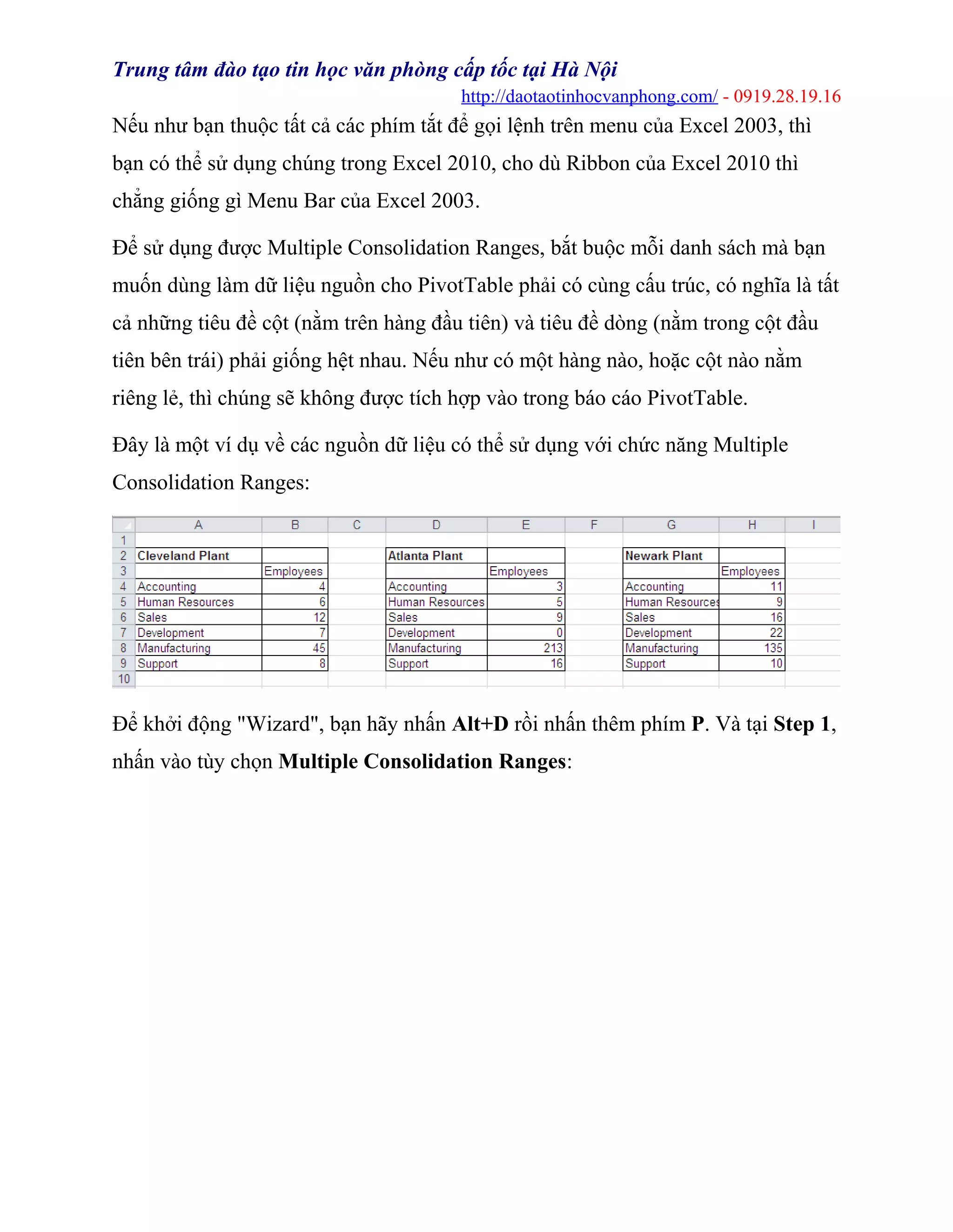 Trung tâm đào tạo tin học văn phòng cấp tốc tại Hà Nội
http://daotaotinhocvanphong.com/ - 0919.28.19.16
Nếu như bạn thuộc tất cả các phím tắt để gọi lệnh trên menu của Excel 2003, thì
bạn có thể sử dụng chúng trong Excel 2010, cho dù Ribbon của Excel 2010 thì
chẳng giống gì Menu Bar của Excel 2003.
Để sử dụng được Multiple Consolidation Ranges, bắt buộc mỗi danh sách mà bạn
muốn dùng làm dữ liệu nguồn cho PivotTable phải có cùng cấu trúc, có nghĩa là tất
cả những tiêu đề cột (nằm trên hàng đầu tiên) và tiêu đề dòng (nằm trong cột đầu
tiên bên trái) phải giống hệt nhau. Nếu như có một hàng nào, hoặc cột nào nằm
riêng lẻ, thì chúng sẽ không được tích hợp vào trong báo cáo PivotTable.
Đây là một ví dụ về các nguồn dữ liệu có thể sử dụng với chức năng Multiple
Consolidation Ranges:
Để khởi động "Wizard", bạn hãy nhấn Alt+D rồi nhấn thêm phím P. Và tại Step 1,
nhấn vào tùy chọn Multiple Consolidation Ranges:
 