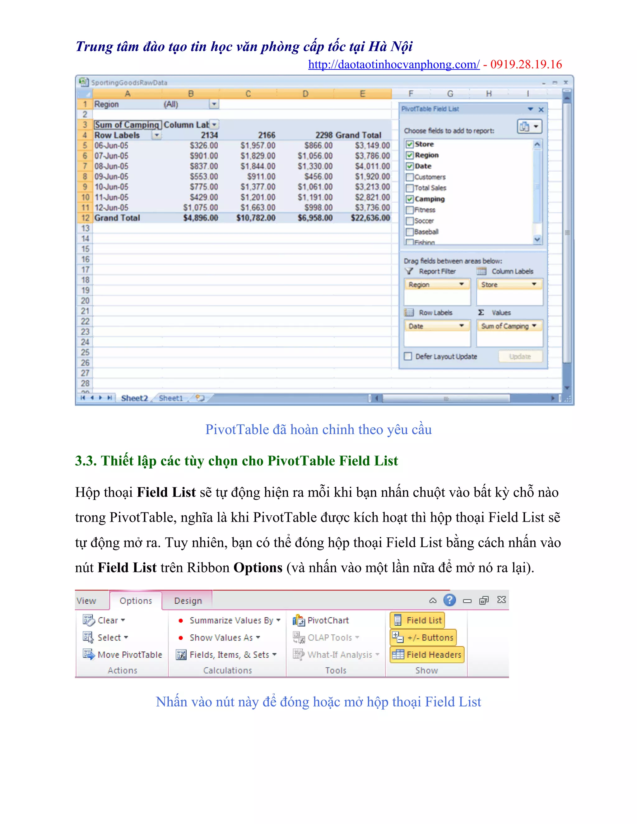 Trung tâm đào tạo tin học văn phòng cấp tốc tại Hà Nội
http://daotaotinhocvanphong.com/ - 0919.28.19.16
PivotTable đã hoàn chỉnh theo yêu cầu
3.3. Thiết lập các tùy chọn cho PivotTable Field List
Hộp thoại Field List sẽ tự động hiện ra mỗi khi bạn nhấn chuột vào bất kỳ chỗ nào
trong PivotTable, nghĩa là khi PivotTable được kích hoạt thì hộp thoại Field List sẽ
tự động mở ra. Tuy nhiên, bạn có thể đóng hộp thoại Field List bằng cách nhấn vào
nút Field List trên Ribbon Options (và nhấn vào một lần nữa để mở nó ra lại).
Nhấn vào nút này để đóng hoặc mở hộp thoại Field List
 