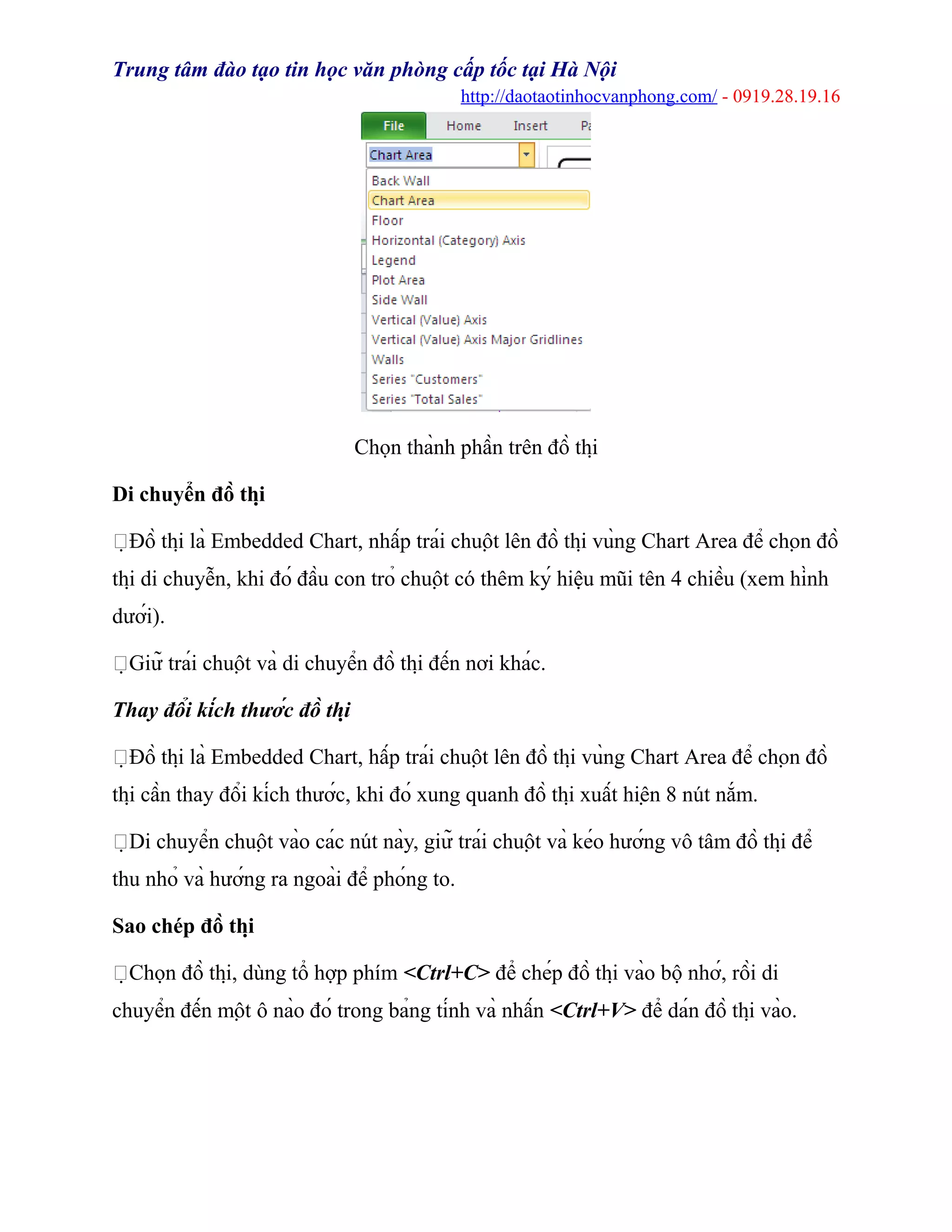 Trung tâm đào tạo tin học văn phòng cấp tốc tại Hà Nội
http://daotaotinhocvanphong.com/ - 0919.28.19.16
Chọn thành phần trên đồ thị
Di chuyển đồ thị
Đồ thị là Embedded Chart, nhấp trái chuột lên đồ thị vùng Chart Area để chọn đồ
thị di chuyễn, khi đó đầu con trỏ chuột có thêm ký hiệu mũi tên 4 chiều (xem hình
dưới).
Giữ trái chuột và di chuyển đồ thị đến nơi khác.
Thay đổi kích thước đồ thị
Đồ thị là Embedded Chart, hấp trái chuột lên đồ thị vùng Chart Area để chọn đồ
thị cần thay đổi kích thước, khi đó xung quanh đồ thị xuất hiện 8 nút nắm.
Di chuyển chuột vào các nút này, giữ trái chuột và kéo hướng vô tâm đồ thị để
thu nhỏ và hướng ra ngoài để phóng to.
Sao chép đồ thị
Chọn đồ thị, dùng tổ hợp phím <Ctrl+C> để chép đồ thị vào bộ nhớ, rồi di
chuyển đến một ô nào đó trong bảng tính và nhấn <Ctrl+V> để dán đồ thị vào.
 