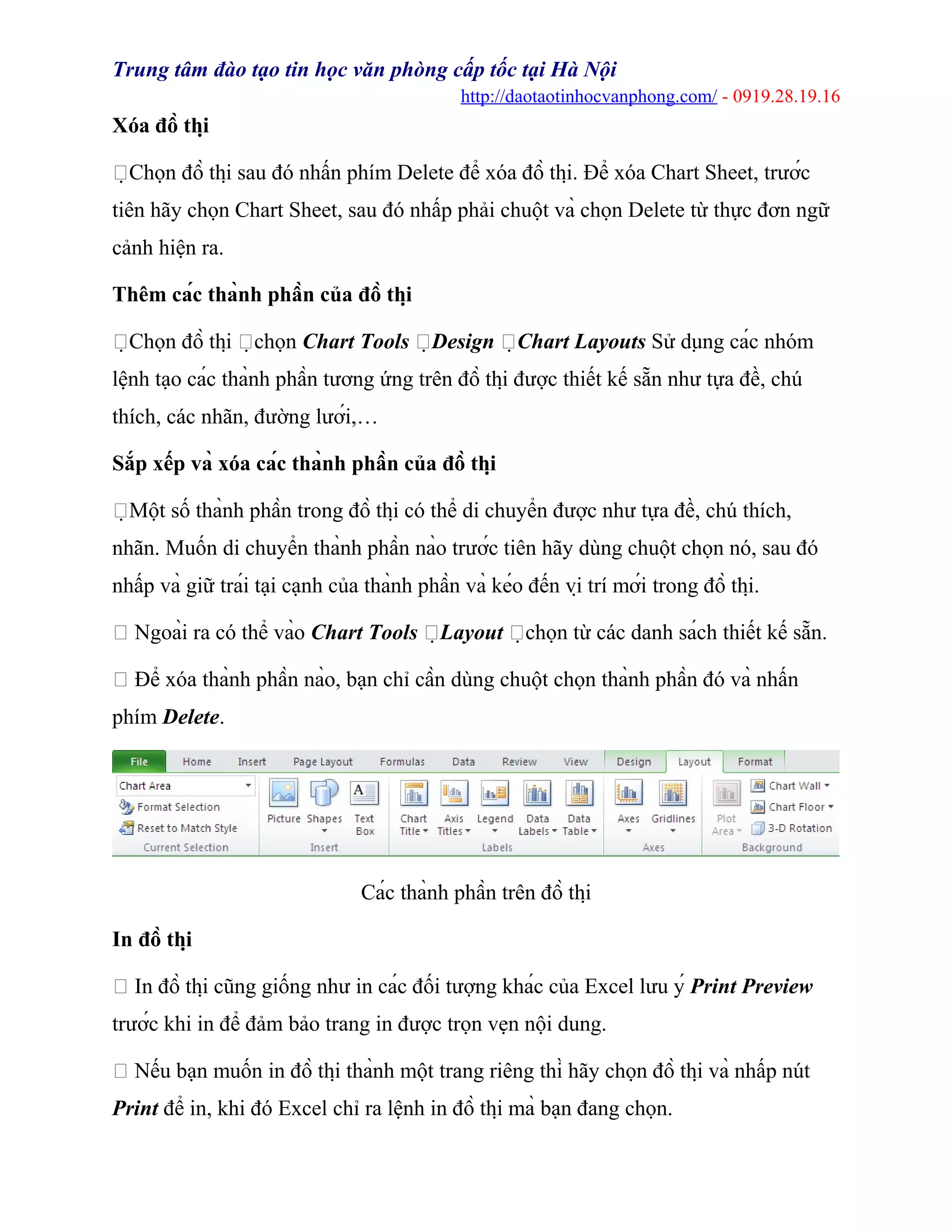 Trung tâm đào tạo tin học văn phòng cấp tốc tại Hà Nội
http://daotaotinhocvanphong.com/ - 0919.28.19.16
Xóa đồ thị
Chọn đồ thị sau đó nhấn phím Delete để xóa đồ thị. Để xóa Chart Sheet, trước
tiên hãy chọn Chart Sheet, sau đó nhấp phải chuột và chọn Delete từ thực đơn ngữ
cảnh hiện ra.
Thêm các thành phần của đồ thị
Chọn đồ thị chọn Chart Tools Design Chart Layouts Sử dụng các nhóm
lệnh tạo các thành phần tương ứng trên đồ thị được thiết kế sẵn như tựa đề, chú
thích, các nhãn, đường lưới,…
Sắp xếp và xóa các thành phần của đồ thị
Một số thành phần trong đồ thị có thể di chuyển được như tựa đề, chú thích,
nhãn. Muốn di chuyển thành phần nào trước tiên hãy dùng chuột chọn nó, sau đó
nhấp và giữ trái tại cạnh của thành phần và kéo đến vị trí mới trong đồ thị.
 Ngoài ra có thể vào Chart Tools Layout chọn từ các danh sách thiết kế sẵn.
 Để xóa thành phần nào, bạn chỉ cần dùng chuột chọn thành phần đó và nhấn
phím Delete.
Các thành phần trên đồ thị
In đồ thị
 In đồ thị cũng giống như in các đối tượng khác của Excel lưu ý Print Preview
trước khi in để đảm bảo trang in được trọn vẹn nội dung.
 Nếu bạn muốn in đồ thị thành một trang riêng thì hãy chọn đồ thị và nhấp nút
Print để in, khi đó Excel chỉ ra lệnh in đồ thị mà bạn đang chọn.
 