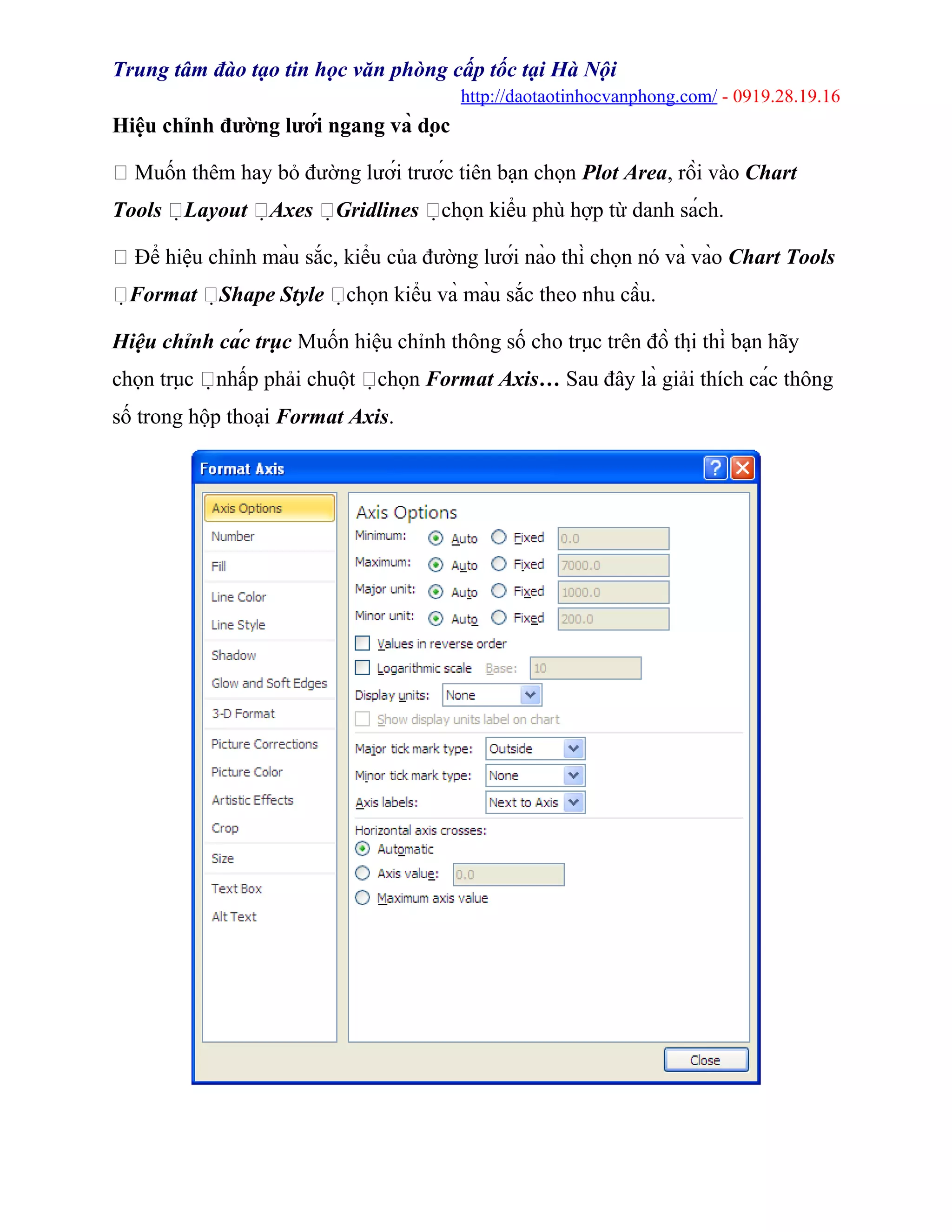 Trung tâm đào tạo tin học văn phòng cấp tốc tại Hà Nội
http://daotaotinhocvanphong.com/ - 0919.28.19.16
Hiệu chỉnh đường lưới ngang và dọc
 Muốn thêm hay bỏ đường lưới trước tiên bạn chọn Plot Area, rồi vào Chart
Tools Layout Axes Gridlines chọn kiểu phù hợp từ danh sách.
 Để hiệu chỉnh màu sắc, kiểu của đường lưới nào thì chọn nó và vào Chart Tools
Format Shape Style chọn kiểu và màu sắc theo nhu cầu.
Hiệu chỉnh các trục Muốn hiệu chỉnh thông số cho trục trên đồ thị thì bạn hãy
chọn trục nhấp phải chuột chọn Format Axis… Sau đây là giải thích các thông
số trong hộp thoại Format Axis.
 