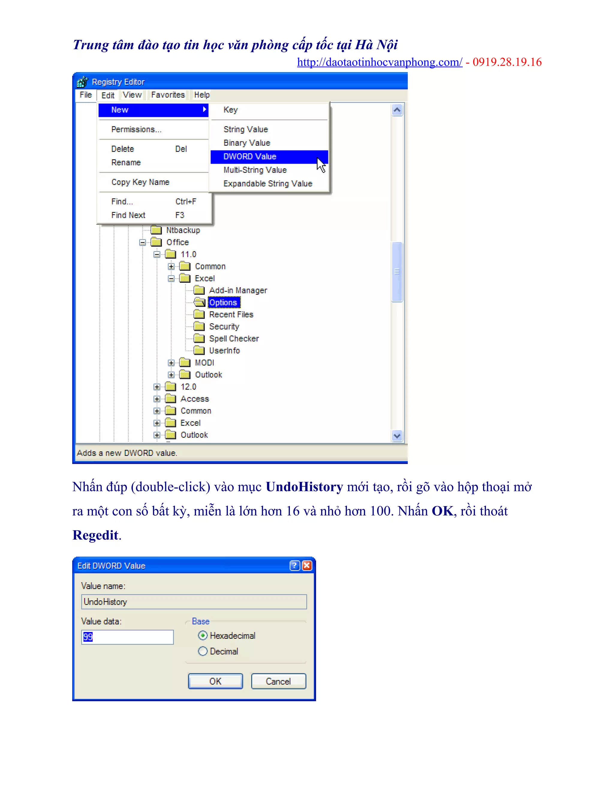Trung tâm đào tạo tin học văn phòng cấp tốc tại Hà Nội
http://daotaotinhocvanphong.com/ - 0919.28.19.16
Nhấn đúp (double-click) vào mục UndoHistory mới tạo, rồi gõ vào hộp thoại mở
ra một con số bất kỳ, miễn là lớn hơn 16 và nhỏ hơn 100. Nhấn OK, rồi thoát
Regedit.
 